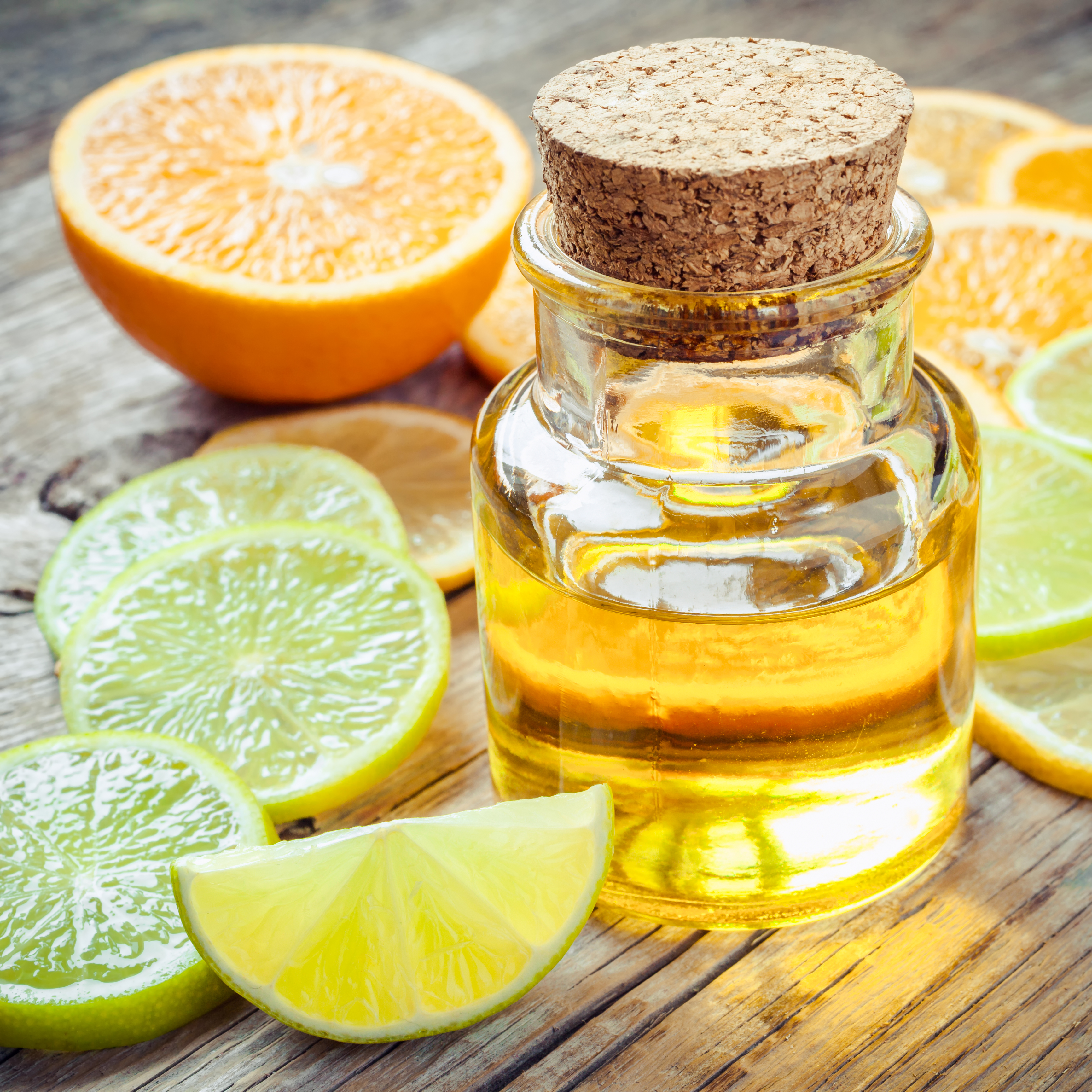 Citrus essential oil and slice of ripe fruits: orange, lemon and
